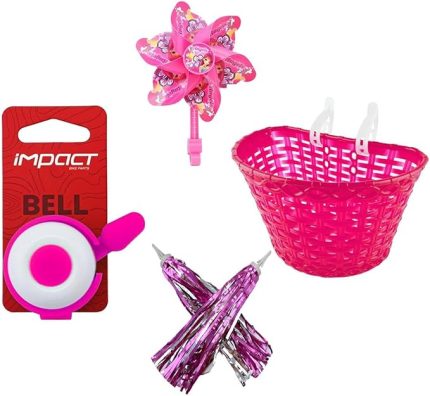 Jant Uyumlu Kız Çocuk Bisikleti Aksesuar Seti Pembe(Püskül-Rüzgar Gülü-Ön Sepet-Zil)