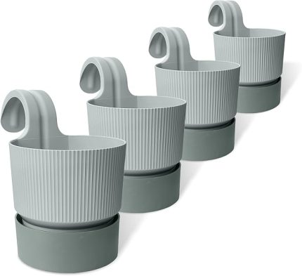 Ixora Tek Askılı Balkon Saksısı Tabaklı Mat Plastik Saksı (4 Adet, Gri)