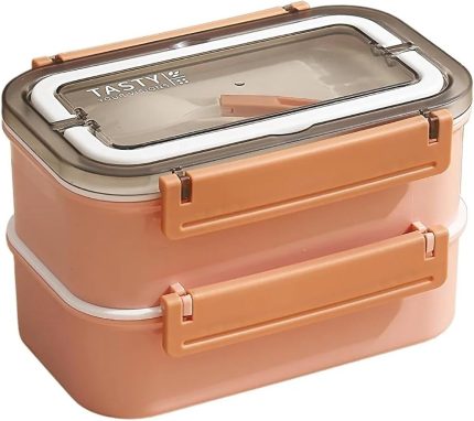 Bento 1600ml Lunchbox 2 Katlı 4 Bölmeli Çelik Sefer Tası Yemek Kutusu (Pembe)