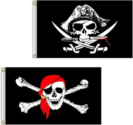 Korsan Bayrağı, 2 Adet 2' x 3' Kafatası ve Çapraz Bıçak Çapraz Kemikler Jolly Roger (Kırmızı Eşarp) Açık Hava ve Korsan Partileri için Bayrak