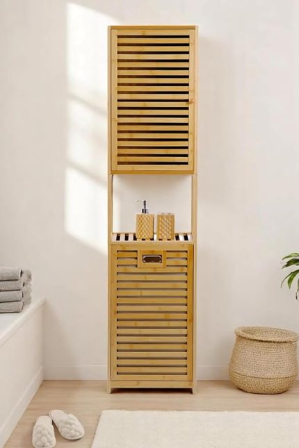 Bambu Kirli Sepetli 1 Raflı Kapaklı Banyo Dolabı Banyo Düzenleyici Çamaşır Sepeti Organizer DB-0010