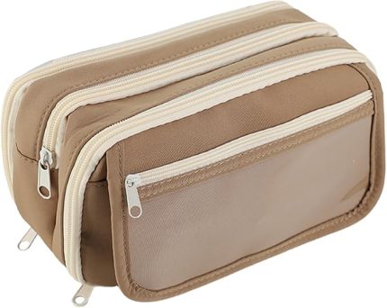 Kalem kutusu, 22 x 8 x 12 cm, aşınmaya dayanıklı, büyük kapasiteli, erkek ve kız çocukları için, daha fazla bölmeli, taşınabilir, estetik kalem kutusu, okul, ofis, ev için (bej), Kahverengi