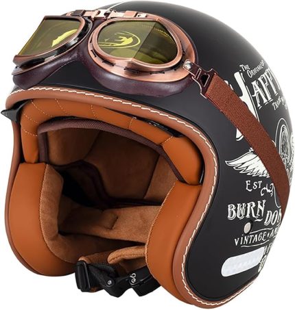 Yüz Motosiklet Kaskı Eski Jet Kaskı Scooter Kaskı Yarım Kabuk Kask ECE Onaylı Erkek Kadın Çarpışma Kaskı Gözlüklü Moped Kaskı(B,XL=(61~62cm))