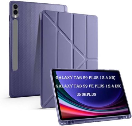 Galaxy Tab S9 FE Plus/S10 Plus ile uyumlu Kılıf Kalem Bölmeli Trifolding Case X610 X616 X820 X826 X828 Lavendery Gray