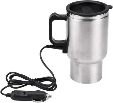 Araba Su Isıtıcısı, Adaptörlü Elektrikli Isıtmalı Paslanmaz Çelik Vagon Kupası Kupası, Gümüş, 450ml
