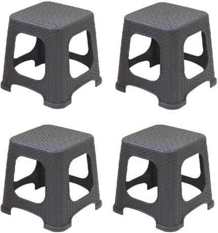 Rattan Hasır Desenli Küçük Tabure 4 lü Set GRİ