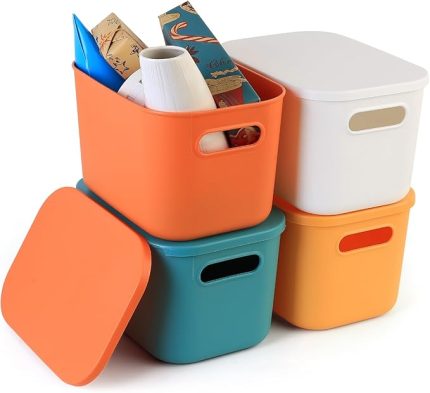 4 adet plastik saklama kutusu, küçük plastik saklama kutusu, kapaklı plastik kutu, istiflenebilir, banyo, çocuk odası, mutfak, ofis (24,5 x 17,5 x 16 cm)