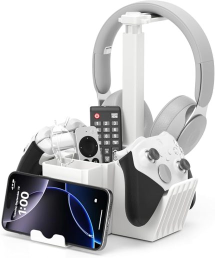 Çift kontrol cihazı tutucu, kulaklık standlı, evrensel çalışma masası düzenleyici, cep telefonu tutuculu, Xbox ONE PS5 PS4 PC için çok fonksiyonlu oyun düzenleyici, ofis, ev, beyaz