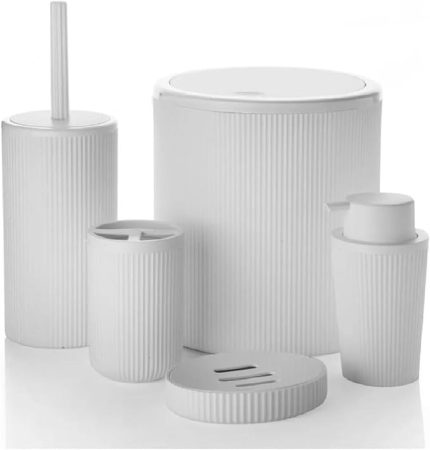 Parça Akrilik Banyo Seti Çöp Kovası Tuvalet Fırçası Diş Fırçalık Sıvı Sabunluk Katı Sabunluk Beyaz