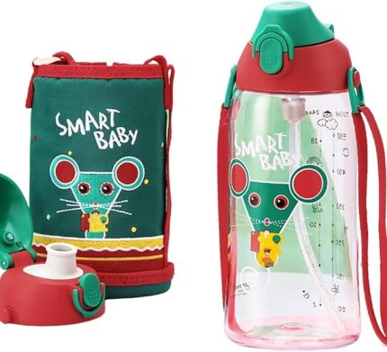 Büyük Boy 700ml Kılıflı Askılı Pipetli/pipetsiz Iki Ayrı Kapaklı Tritan Çocuk Matarası (Smart Baby (Kırmızı-Yeşil))