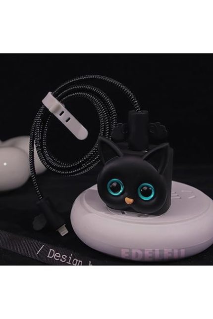aksesuar Siyah Kedi Şarj Kılıfı, Şarj Kablosu Örme Aparatı, Toparlayıcı, Kablo Koruyucu iPhone 18W/20W ile uyumlu