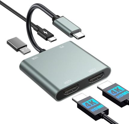 C - Çift HDMI Adaptörü - 4K@30Hz Çift Monitör HDMI Adaptörü, 100W PD Şarj, USB3.0 5Gbps ve Thunderbolt 3 Dizüstü Bilgisayar/Tablet için Uyumlu