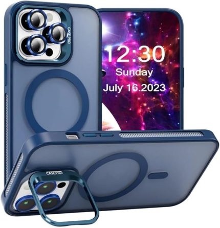 iPhone için Kılıf Kamera Korumalı Magsafe Wireless Şarj Özellikli Lens Hediyeli Mat Şeffaf Renkli Standlı Kılıf (LACİVERT, iPhone 13 Pro)