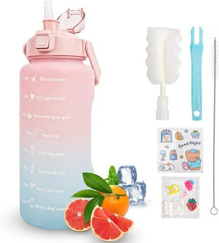 2L su şişesi, 2 litre pipetli su şişesi, BPA içermeyen su şişesi 2 litre, zaman işaretli, sızdırmaz spor şişesi, su şişesi, spor, spor, kamp, yoga, seyahat (pembe mavi)