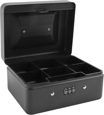 Kilitli Saklama Tepsili Metal Madeni Para Kutusu - Şifreli Kilitli Küçük Bozuk Para Kutusu 15 x 12 x 7,7 cm (Siyah)