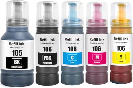106 Mürekkep Epson 105 106 Mürekkep Kartuşları ile Uyumlu Yeniden Doldurma Mürekkebi EP L-7160 L-7180 ET-7700 ET-7750 için Çoklu Paket (5 Paket, 2 Siyah Mavi Kırmızı Sarı)