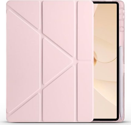 Lenovo Idea Tab Pro 12,7 inç 2025 (TB-373FU/ TB-375FC) ile Uyumlu Kılıf Üçgen Tri Folding Kalem Bölmeli Standlı Kılıfı (Pembe)