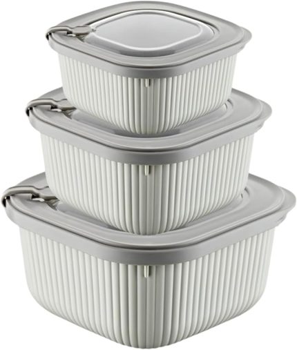 Home 3'lü MicroLine Saklama Kabı Seti, 600-1100-1800 ml, Hava Tahliye Kapağı ile Mikrodalgada Kapağı Kapalı Isıtma, Vakumlu, Sızdırmaz, BPA Free, Silikon Kapaklı,Gıda Saklama PP (Krem)