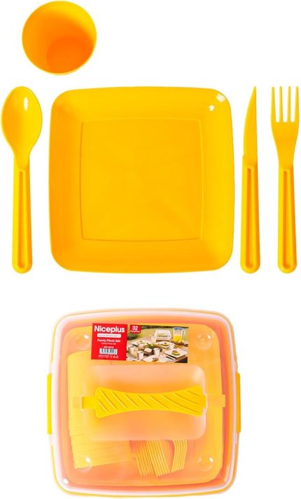 Piknik Seti, 6 kişilik piknik seti, Taşıma Çantalı Piknik Seti, 32 parça piknik seti, Pasta Börek Taşıma Kabı, kamp seti, Piknik Yemek Takımı (Sarı)