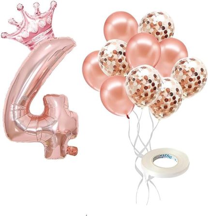 Rakam Rose Gold Folyo Balon, Kral Tacı Ve Konfetili Rose Gold Balon