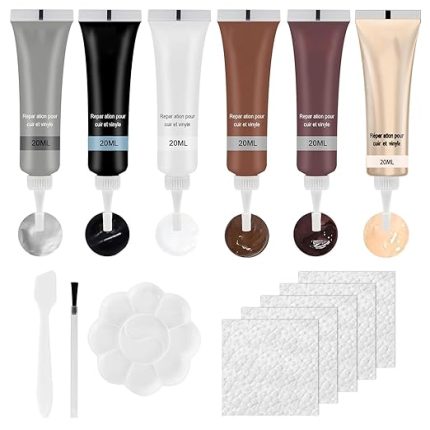 Deri onarım seti, suni deri onarım seti, deri onarım kremi, 6 x 20 ml deri çizik giderici, araba koltukları, kanepeler, deri ceket, ayakkabı, kemer çizikleri, delikler, 6 renk, 6 renk., Ölçü