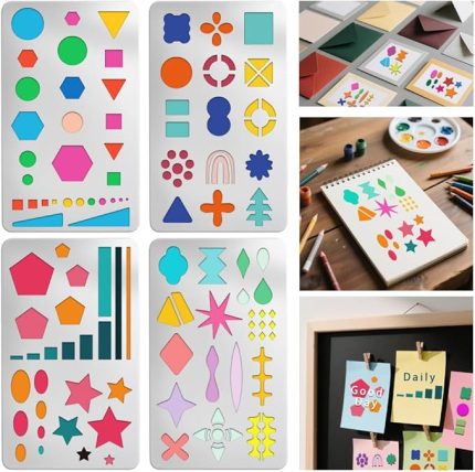 4 adet metal şablon, geometrik desen, kare, yuvarlak, satr çizim şablonu, temel şekil, paslanmaz çelik, tekrar kullanılabilir şablon, koleksiyon defteri, çizim, oyma, gravür, ahşap yakma