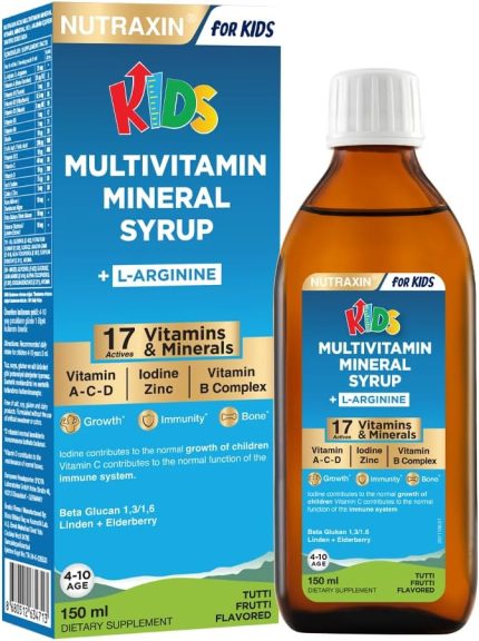 Kids Multivitamin Mineral Şurup 150 ml – 17 Vitamin ve Mineral, L-Arjinin, Kara Mürver, Beta Glukan, Çocuklar İçin Bağışıklık ve Gelişim Desteği