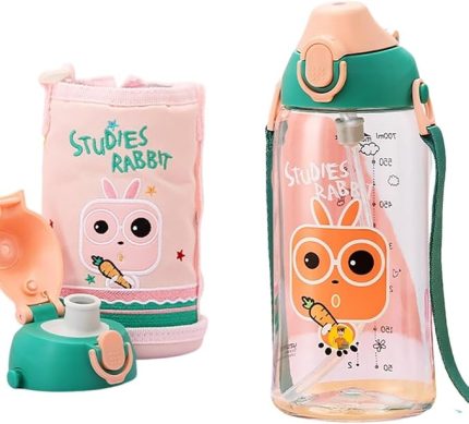 Büyük Boy 700ml Kılıflı Askılı Pipetli/pipetsiz Iki Ayrı Kapaklı Tritan Çocuk Matarası (Studies Rabbit (Pudra Pembe-Yeşil))