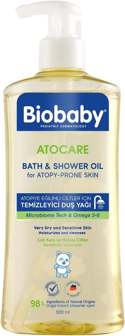 Atocare Duş Yağı 500 ml – Atopiye Eğilimli Bebek Ciltleri İçin, Seramid Kompleksli, Omega 3-6, Yulaf Ekstresi ve Prebiyotik İçerikli Temizleyici Yağ