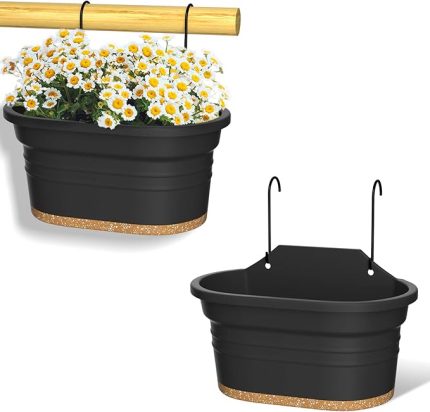 Asma Saksılar Asma Bitki Saksısı Drenaj Delikli Dikdörtgen Saksı Balkon Bahçe Çit Dekoru için Tabak 2 Kancalı (Koyu Gri, 2'li Set)