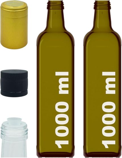 1000 ml Yeşil Maraska Yağdanlık Kapaklı Ve Kapüşonlu 1000 Cc Köşeli Cam Şişe 2 Adet