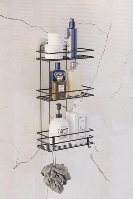 Boyu Paslanmaz Yapışkanlı Düz Banyo Düzenleyici Şampuanlık Duş Rafı Siyah Kancalı Tş-03