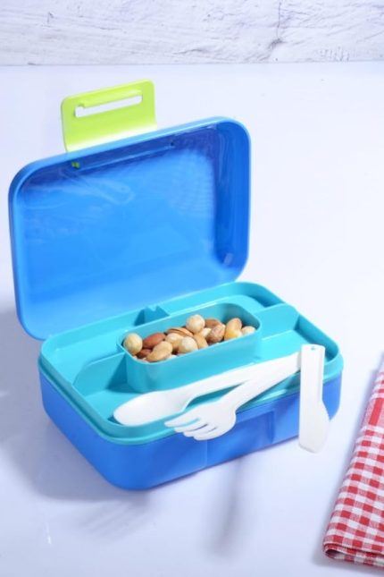 Design Kendinden Kaşıklı 5 Bölmeli 2 Katlı Beslenme Kutusu (Mavi)