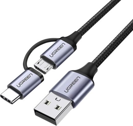 2'si 1 Arada Örgülü Type-C Micro USB Şarj ve Data Kablosu 1 Metre