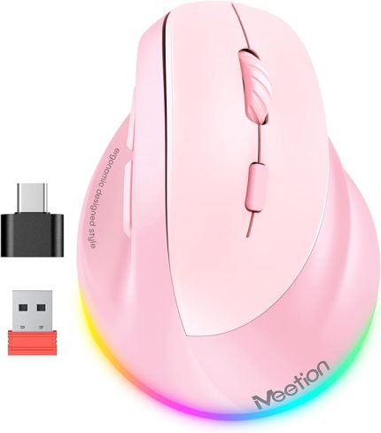 Ergonomik fare, kablosuz dikey fare RGB arkadan aydınlatmalı şarj edilebilir fare, Bluetooth (5.2 + 3.0) USB-A Tip-c adaptörlü 4 ayarlanabilir DPI uyumlu Mac/Windows/Andriod/PC/Tablet/iPad