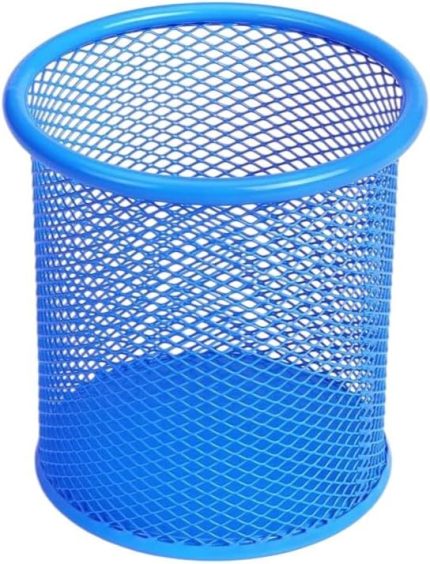 Silindir Masa Üstü Kalemlik 1 Adet Metal Fileli Renkli Perforeli Yuvarlak Kalemlik Ofis Büro Okul Mavi