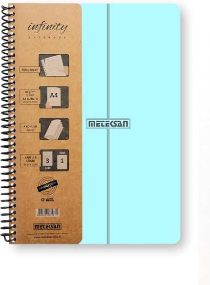 Infinity Pastel Serisi, A4, 7 Konulu (5 Kareli, 2 Çizgili) 210 Yaprak PP Kapaklı Spiralli Defter, Mavi