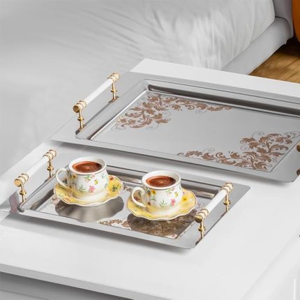 Yüzük 2li Paslanmaz Çelik Gümüş Kahve Tepsisi Gold Beyaz Desenli Dekoratif Servis Sunum Tepsisi