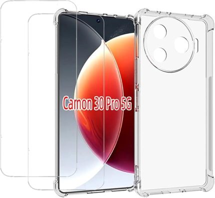 Tecno Camon 30 Pro 5G için Temperli Camlı Kılıf (2 Parça) İnce Darbe Emici TPU Yumuşak Kenar Tampon Güçlendirilmiş Köşeleri ile Şeffaf Koruyucu Kılıf