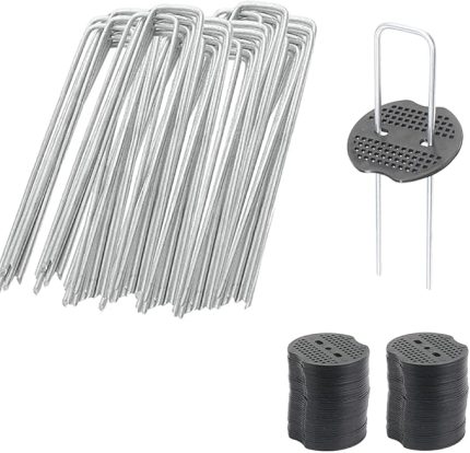 Bahçe işleri için 50 adet toprak ankrajı, zemin ankrajı, yabani ot keçesi için kazıklar, galvanizli, 2,5 mm çap, 15 cm uzunluğunda; 4 cm genişliğinde, 50 adet tampon diskli