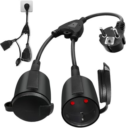 yollu Schuko prizli Sporgo uzatma kablosu, dış mekan koruyucu kontaklı 2 AC prizli kısa kablo IP20 su geçirmez, elektrik prizi, ofis ve ev için çift fiş, 1,5 mm², 250 V/16 A