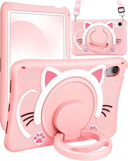 İpad (A16) 2025 ile Uyumlu Çocuklar ile Uyumlu Askılı Standlı 3D Kedi Figürlü Silikon Kılıf, Pembe