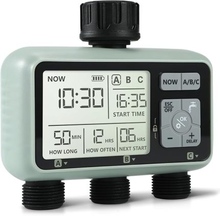 Su Zamanlayıcı Sulama Sistemi, 3 Çıkışlı Su Yağmurlama Zamanlayıcı Çim ve Bahçe Sulama Ekipmanları/Otomatik Sulama Sistemi/IPX5 Su Geçirmez/Çocuk Kilit Modu/Çimler için Yağmurlama