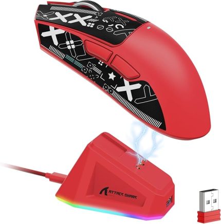 x ATTACK SHARK X11 RGB Manyetik Şarj Ünitesi ile Kablosuz Oyun Faresi, PixArt PAW3311 Sensör, Bantlı Ultra Hafif 59g Üç Modlu Oyun Faresi, Kablolu/2,4G/BT, PC/Mac için 22K DPI-Red&Tape