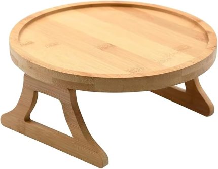 Home Yaylı Tutamaçlı Bambu Koltuk Tepsisi – Menteşeli, Kaymaz, Kolay Kullanımlı, Sağlam Tutan Yan Sehpa, Koltuk Kenarına Takılan Tepsi Sehpa (Yuvarlak)