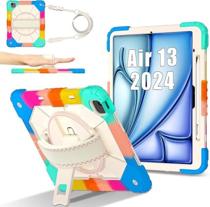 sağlam kılıf uyumlu iPad Air 13-Inch (M2/M3) 2024/2025，360° Dönebilen Kanca ve Halka Saplı Taşınabilir Hibrit Darbeye Dayanıklı Kılıf, Omuz Askısı/Kalem Tutucu