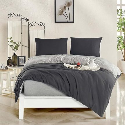 Kişilik Battal Boy,Çift Kişilik Nevresim Takımı (Lastikli Çarşaf+Yastık Kılıfı+Yorgan Kılıfı) Çift Yönlü Pamuk-Polyester 90x190 100x200 120x200 160x200 180x200 200x200 (Antrasit-Gri, 160x200)