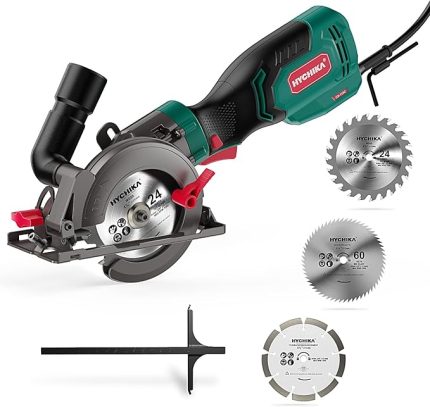 daire testeresi, HYCHIKA 750W daire testere 3500U, 6 testere bıçağı (115 ve 125 mm), lazer kılavuz ve kılavuz ray, maksimum kesme derinliği 48 mm (90°)/32 mm (45°), yumuşak metal,fayans vb.
