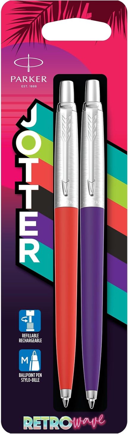 Jotter Originals Tükenmez Kalemler | Retrowave Koleksiyonu | Vermilion Kırmızı ve İndigo Moru | Mavi Mürekkep | Orta Nokta | 2 Adet