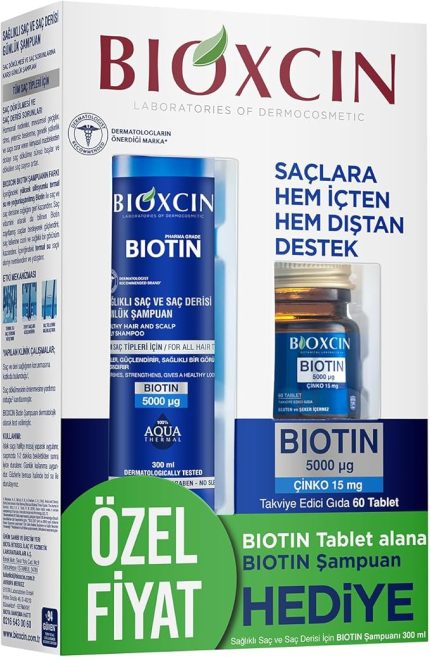 Biotin Saç Bakım Seti – Dökülme Karşıtı Şampuan 300 ml + Biotin 5000 mcg 60 Tablet – Saç Sağlığı İçin Takviye Edici Set